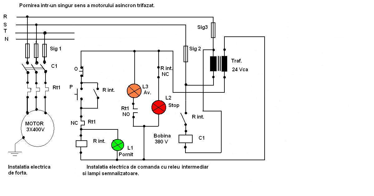 Pornirea intr-un singur sens a motorului asincron trifazat cu releu intermediar si lampi semnalizatoare,  de Rosu Florian.JPG